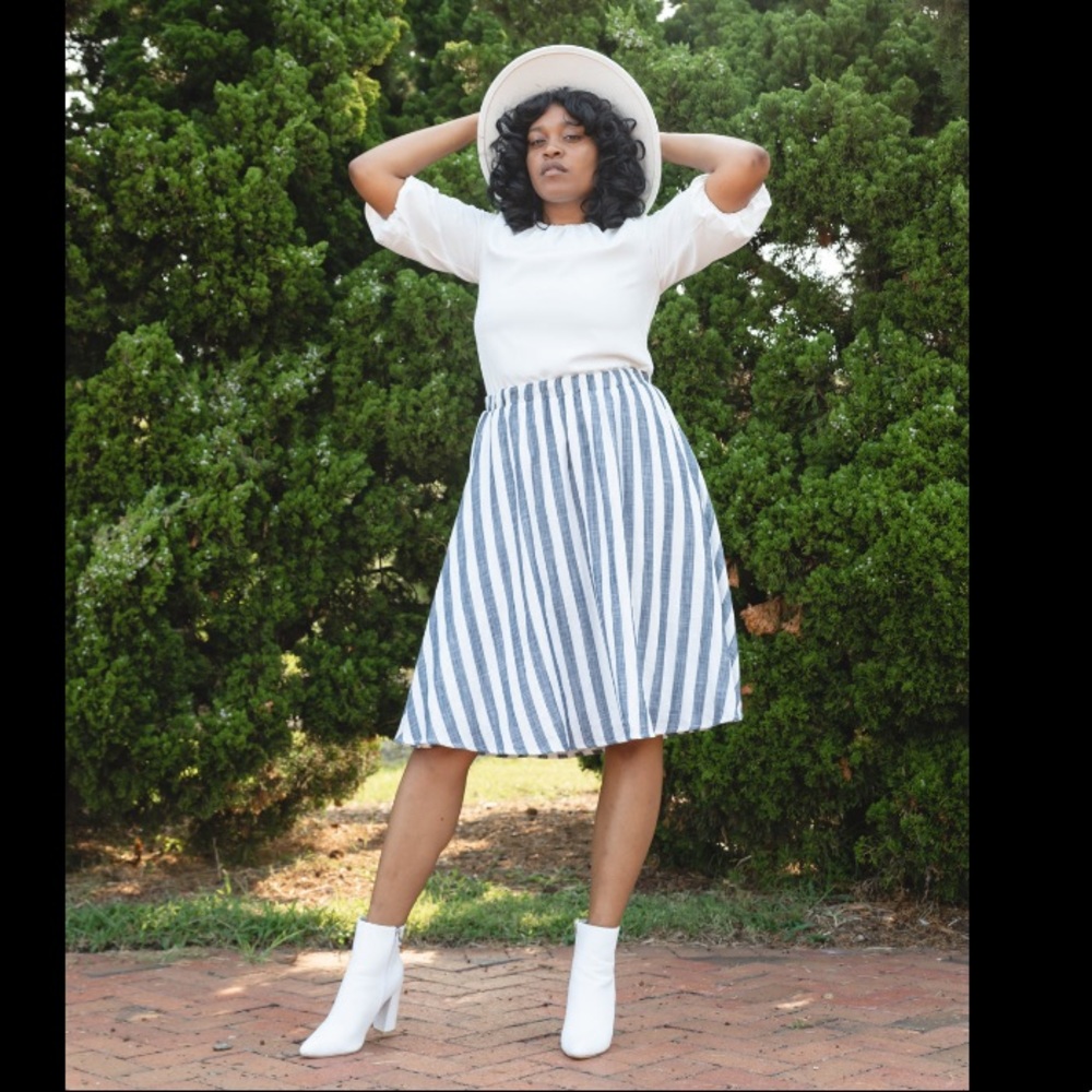 Gray and white striped midi skirt
